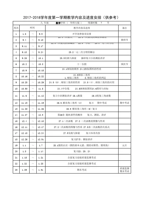 2017-2018学年度第一学期九年级数学教学进度