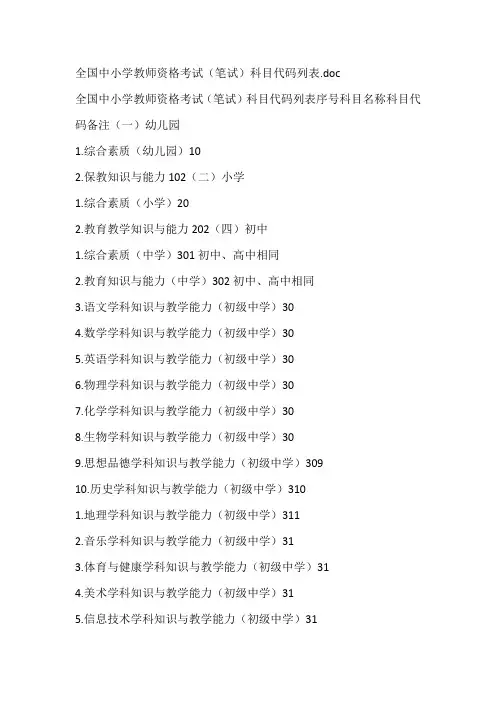 全国中小学教师资格考试(笔试)科目代码列表
