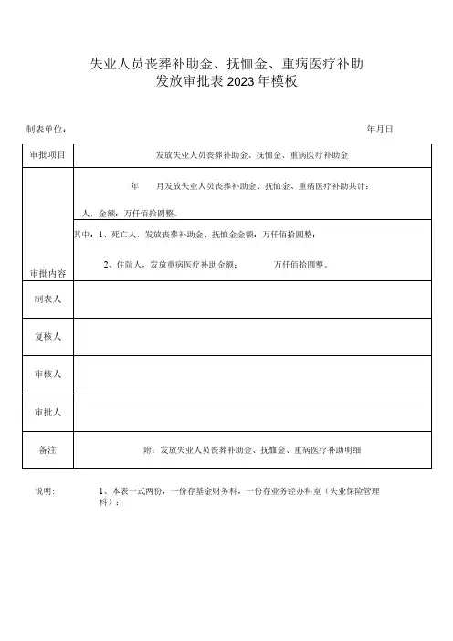 失业人员丧葬补助金、抚恤金、重病医疗补助发放审批表2023年模板