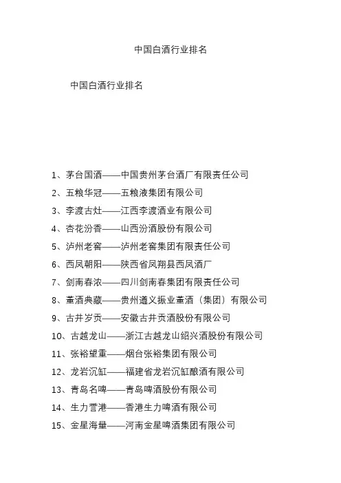 中国白酒行业排名