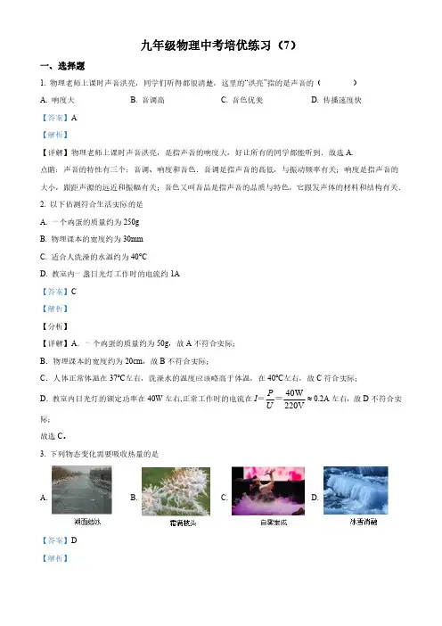 江苏省盐城市大丰区城东实验初中2018届九年级物理中考培优练习(解析版)