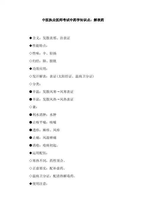 中医执业医师考试中药学知识点：解表药