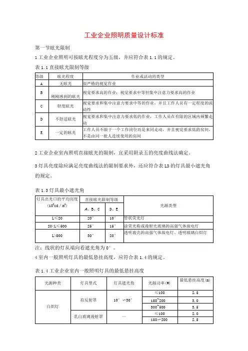 工业企业照明质量设计标准