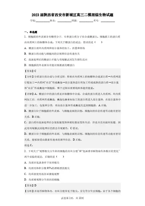 2023届陕西省西安市新城区高三二模理综生物试题(含答案解析)