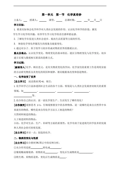 2024新鲁教版九年级化学上册化学真奇妙教案
