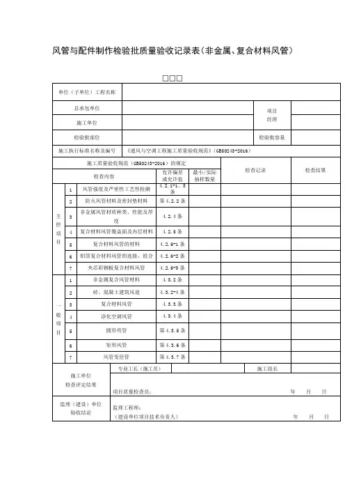 风管与配件制作检验批质量验收记录表(非金属、复合材料风管)