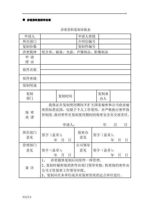涉密档案管理常用表格