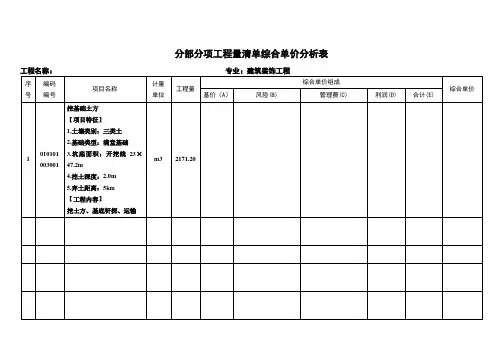 分部分项工程量清单综合单价分析表