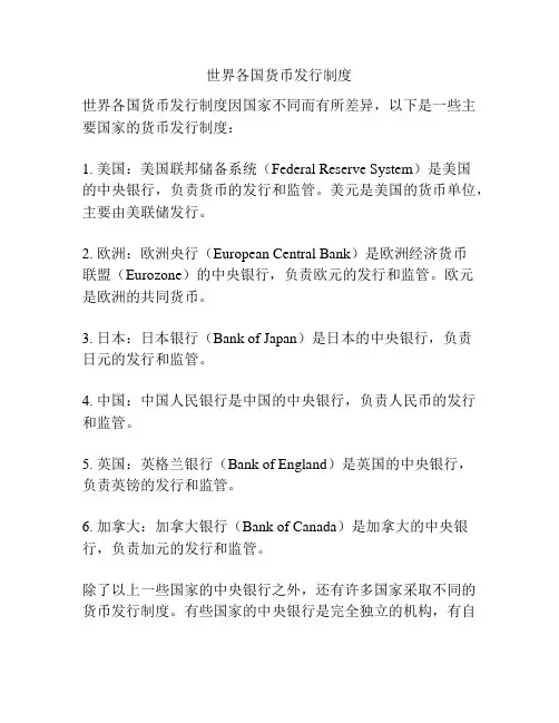 世界各国货币发行制度