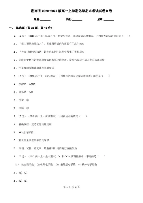 湖南省2020-2021版高一上学期化学期末考试试卷B卷