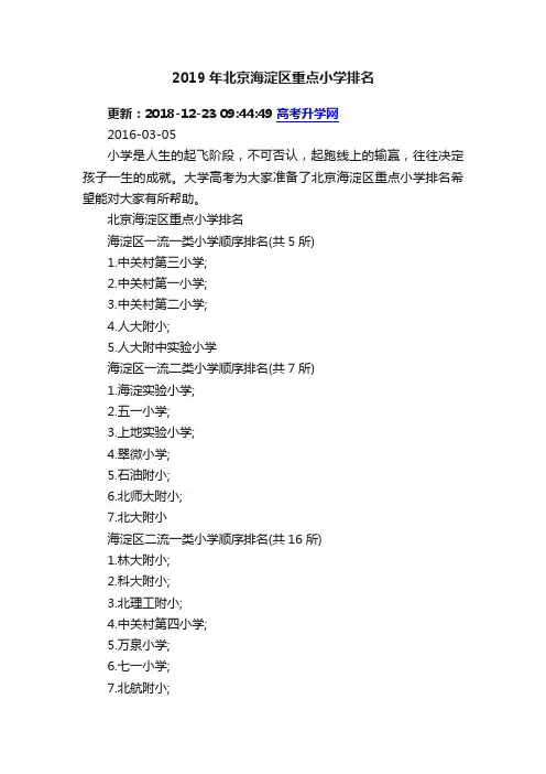 2019年北京海淀区重点小学排名