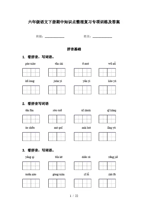 六年级语文下册期中知识点整理复习专项训练及答案
