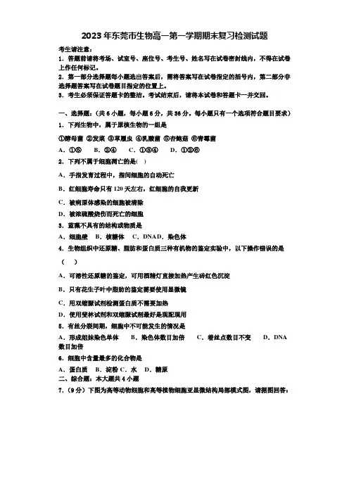 2023年东莞市生物高一第一学期期末复习检测试题含解析