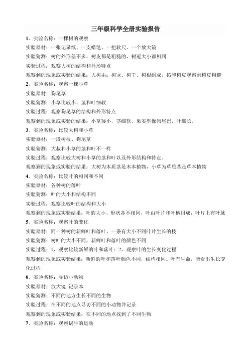新教科版三年级科学全册实验报告