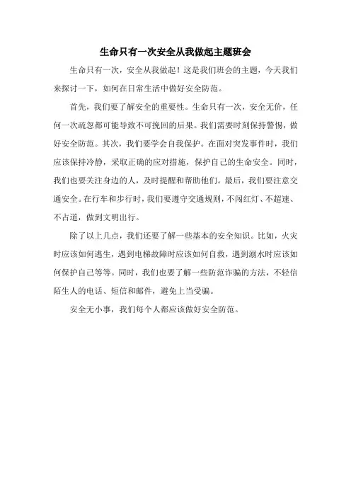 生命只有一次,安全从我做起主题班会