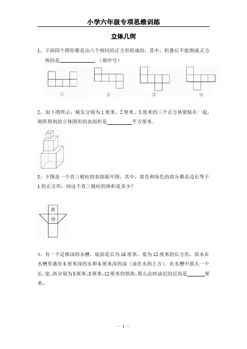 小学六年级专项思维训练(立体几何)【附参考答案】