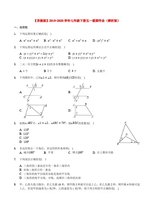 【苏教版】2019-2020学年七年级下册五一假期作业(解析版)