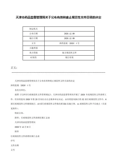天津市药品监督管理局关于公布有效和废止规范性文件目录的决定-津药监规〔2020〕4号