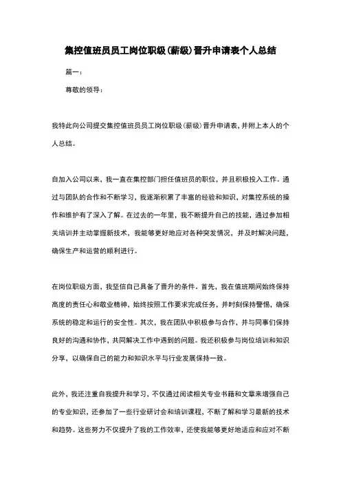 集控值班员员工岗位职级(薪级)晋升申请表个人总结