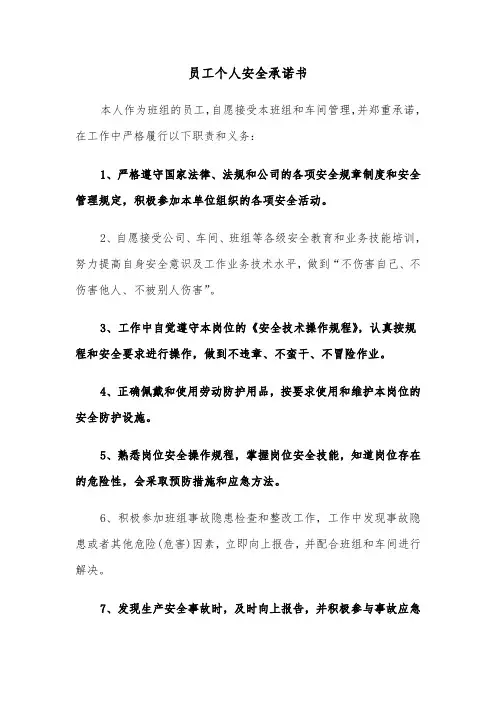 员工个人安全承诺书(4篇)
