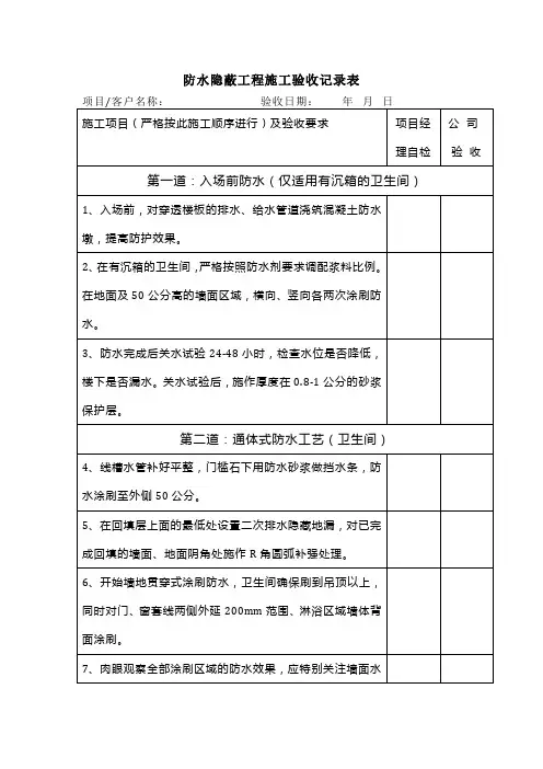 防水隐蔽工程施工验收记录表