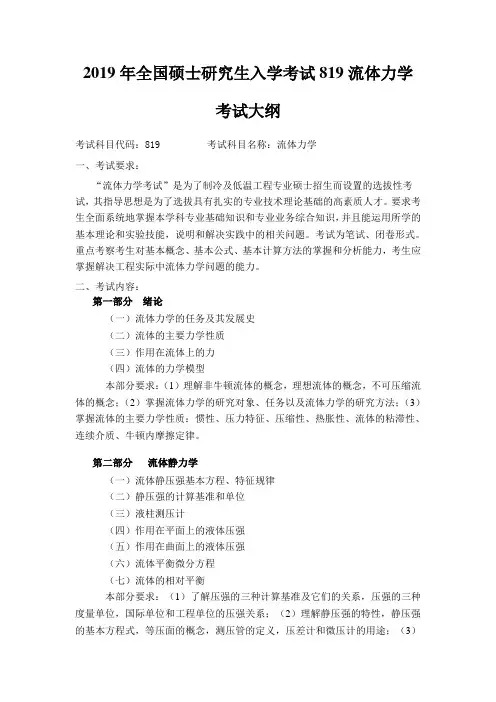 2019哈尔滨商业大学硕士819流体力学考试大纲