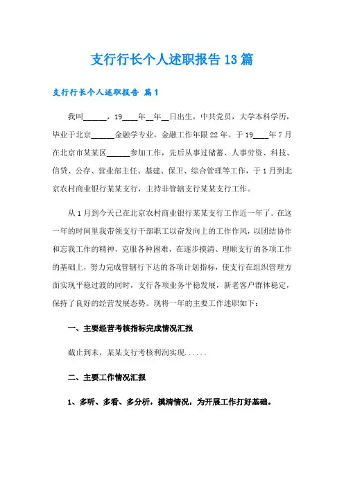 支行行长个人述职报告13篇