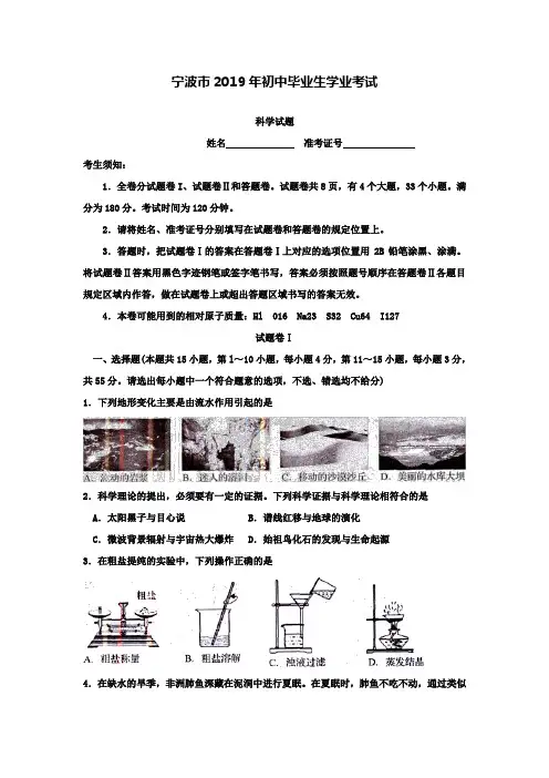 【附20套名校中考真题】2019年浙江省宁波市中考科学试卷(Word版,含答案)