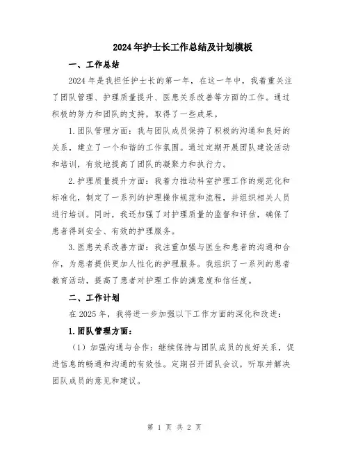 2024年护士长工作总结及计划模板
