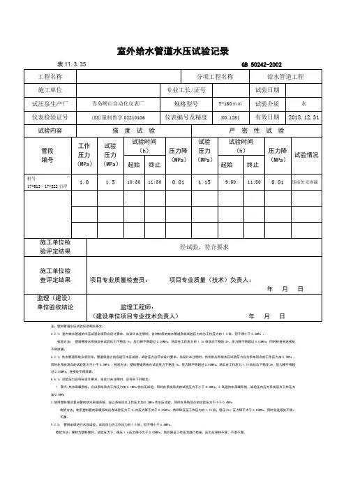室外给水管道水压试验记录