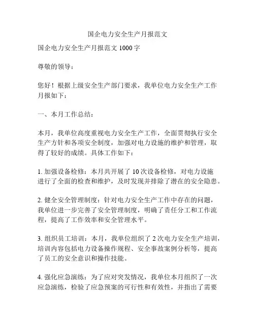 国企电力安全生产月报范文
