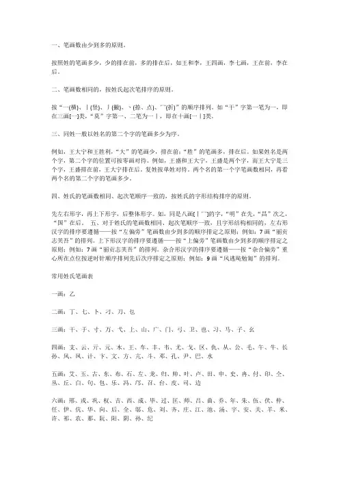常用姓氏笔画排列顺序表规则