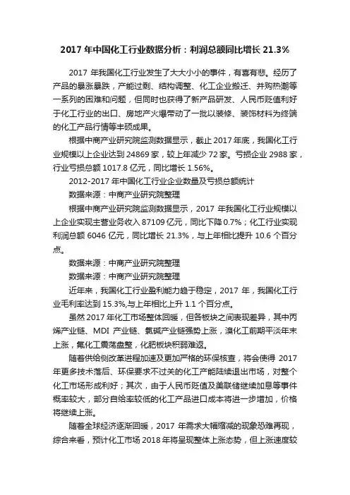 2017年中国化工行业数据分析：利润总额同比增长21.3%