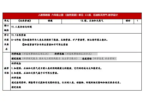 2024年人教鄂教版六年级科学上册 13.煤、石油和天然气(教案)