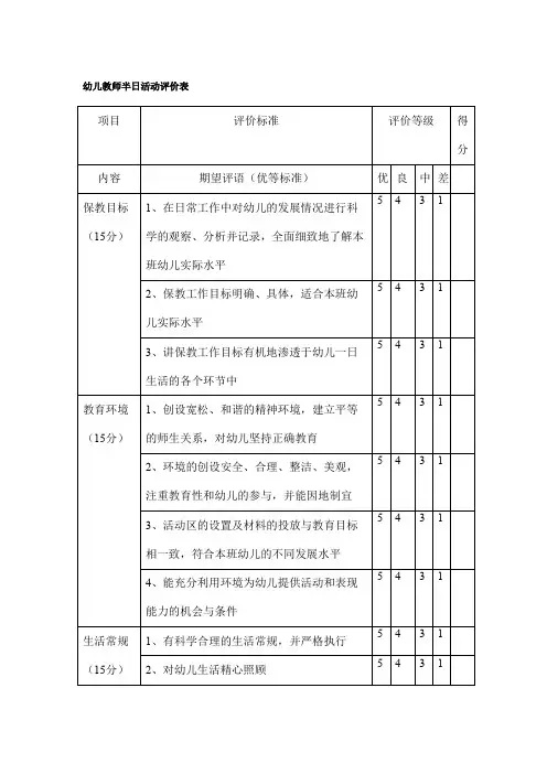 幼儿园---幼儿教师半日活动评价表