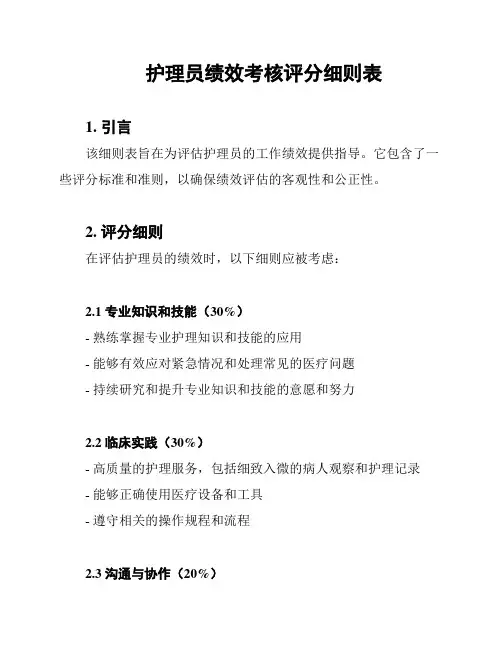护理员绩效考核评分细则表