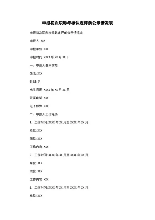 申报初次职称考核认定评前公示情况表