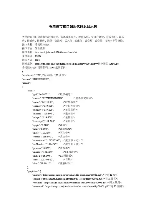香港股市接口调用代码返回示例