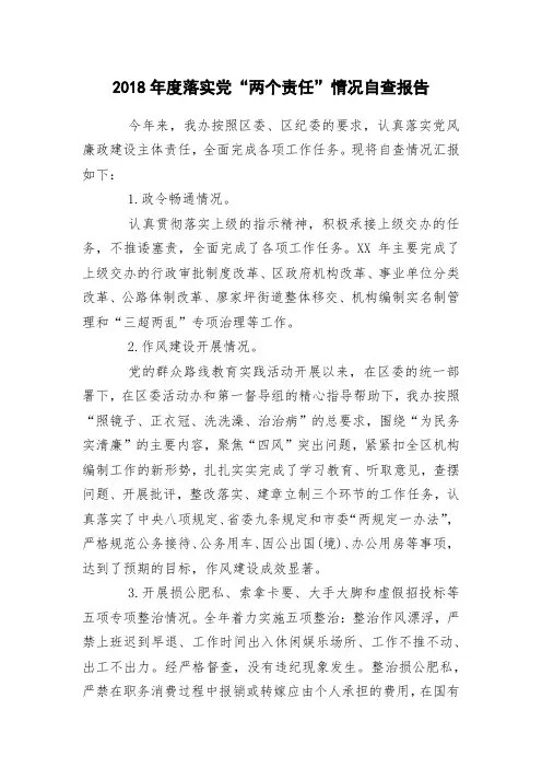 2018年度落实党“两个责任”情况自查报告