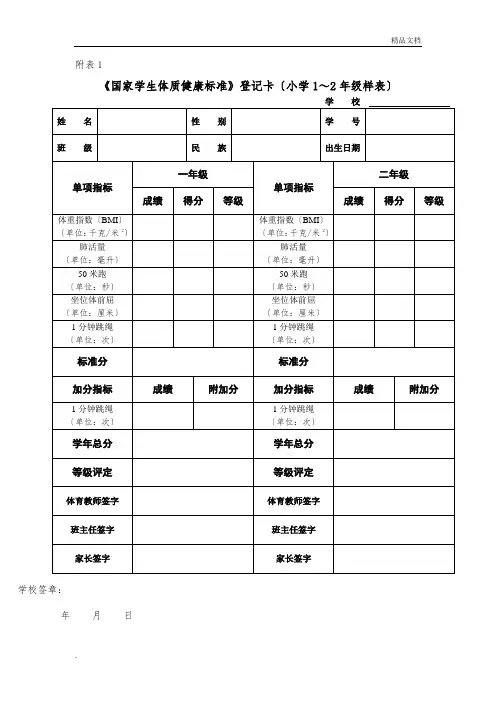 《国家学生体质健康标准》登记卡(小学1～2年级样表)