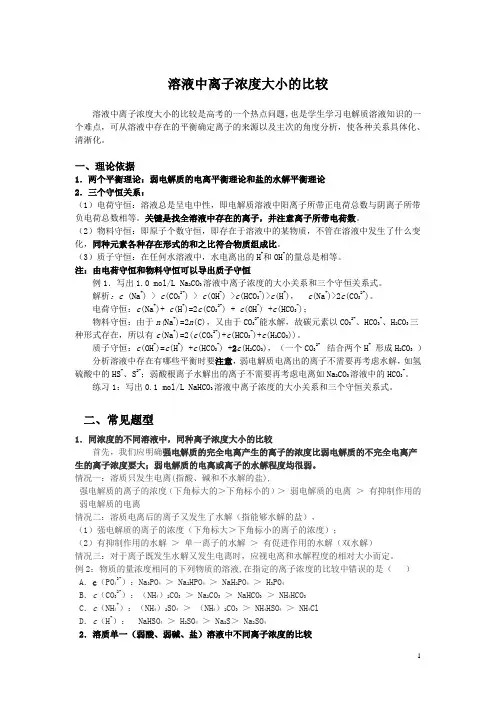 溶液中离子浓度大小的比较