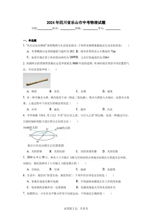【中考真题】2024年四川省乐山市中考物理试卷(附答案)