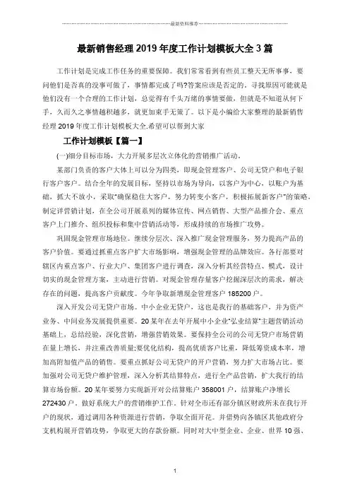 最新销售经理2019年度工作计划模板大全3篇合集