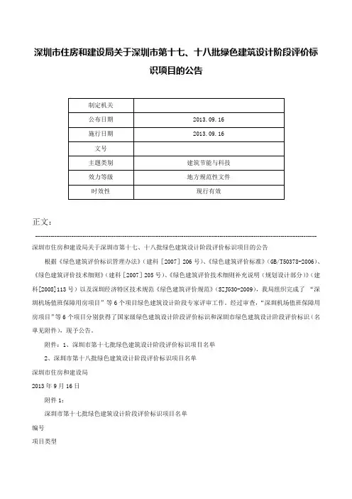 深圳市住房和建设局关于深圳市第十七、十八批绿色建筑设计阶段评价标识项目的公告-