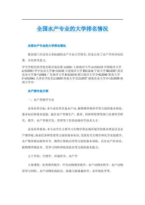 全国水产专业的大学排名情况