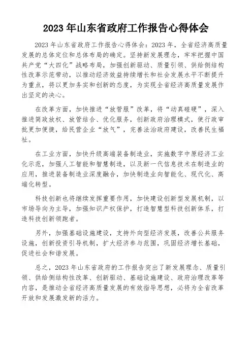 2023年山东省政府工作报告心得体会