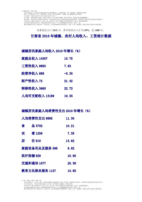 甘肃省2010年城镇、农村人均收入、工资统计数据