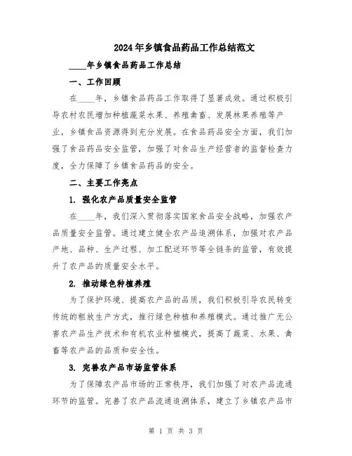 2024年乡镇食品药品工作总结范文