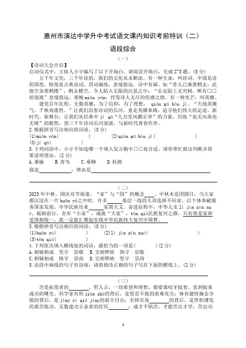 中考语文考前特训(二)语段综合 - 含答案