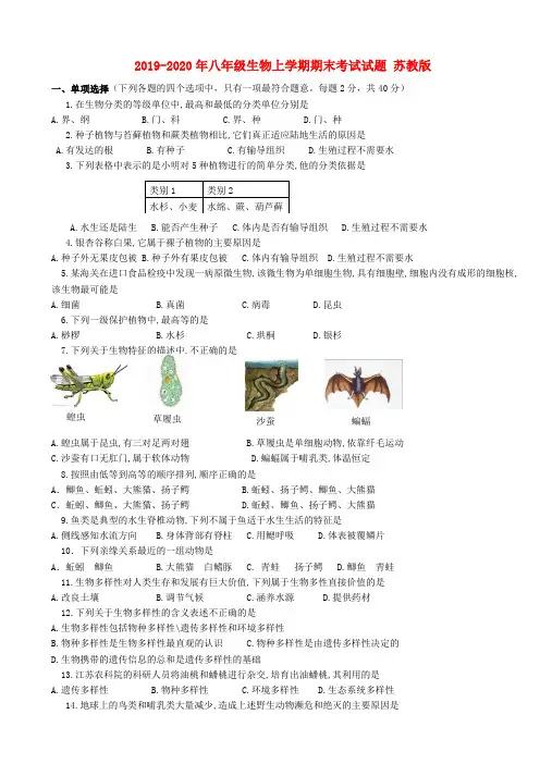 2019-2020年八年级生物上学期期末考试试题 苏教版